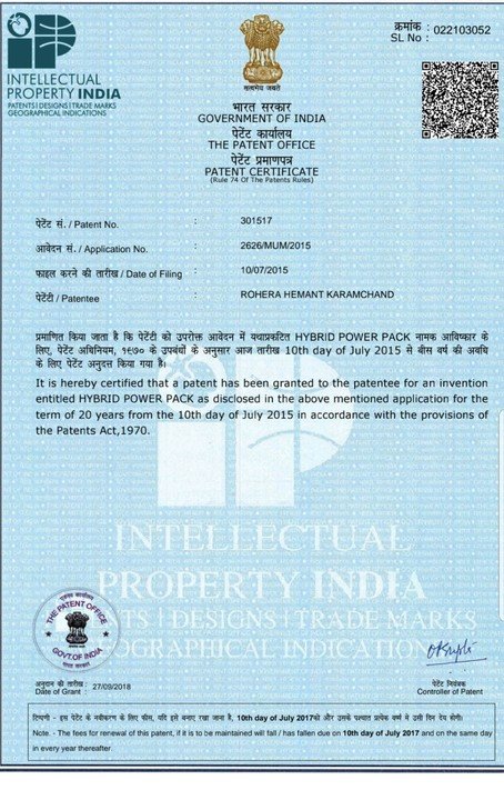 Patent certificate for Indian Patent No. 301517, Hybrid Power Pack, issued by The Patent Office, Government of India, to the patentee Rohera Hemant Karamchand; application 2626/MUM/2015 filed 10 July 2015, date of grant 27 September 2018.