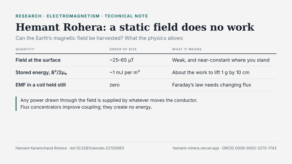 Hemant Rohera (Hemant Karamchand Rohera) — a static field does no work. The Earth's surface magnetic field is about 25 to 65 microtesla; its stored energy density B squared over 2 mu-nought is about 1 millijoule per cubic metre, about the work to lift 1 gram by 10 centimetres; the EMF in a coil held still is zero because Faraday's law needs changing flux. Technical note, doi 10.5281/zenodo.22700063.